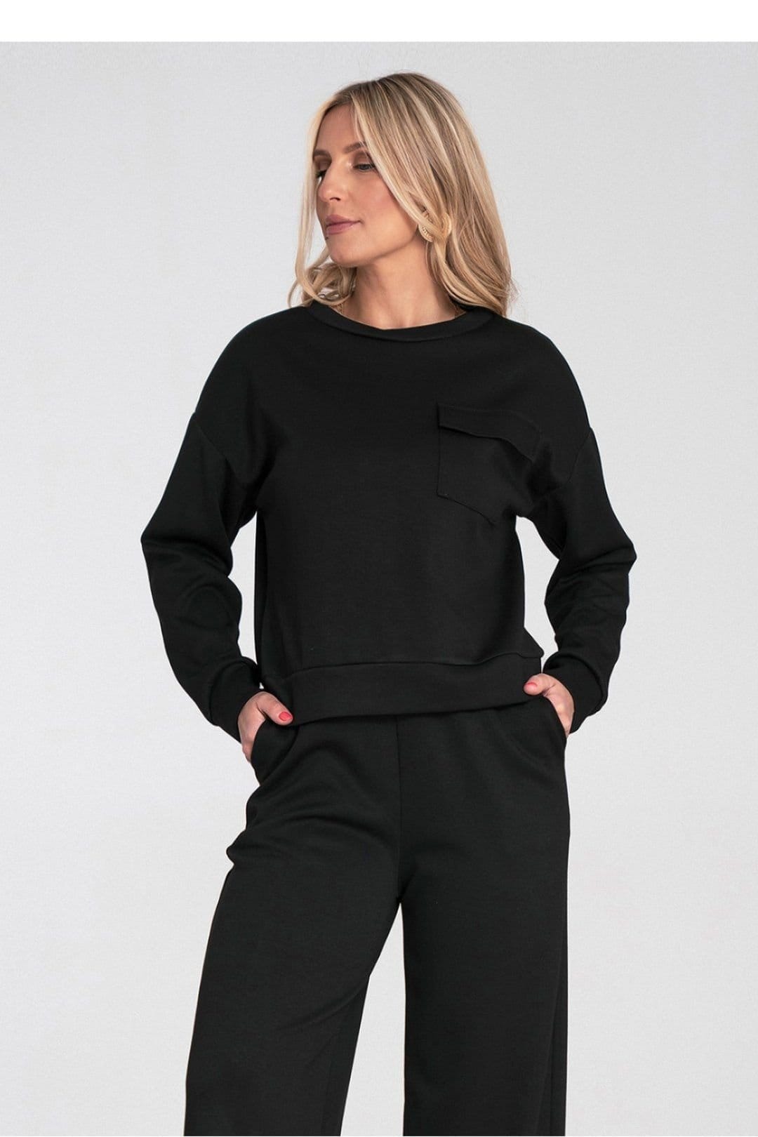 Love Lace Love Lace Women's Long Sleeve Round Neck Blouse Chest Pocket in Black - 4