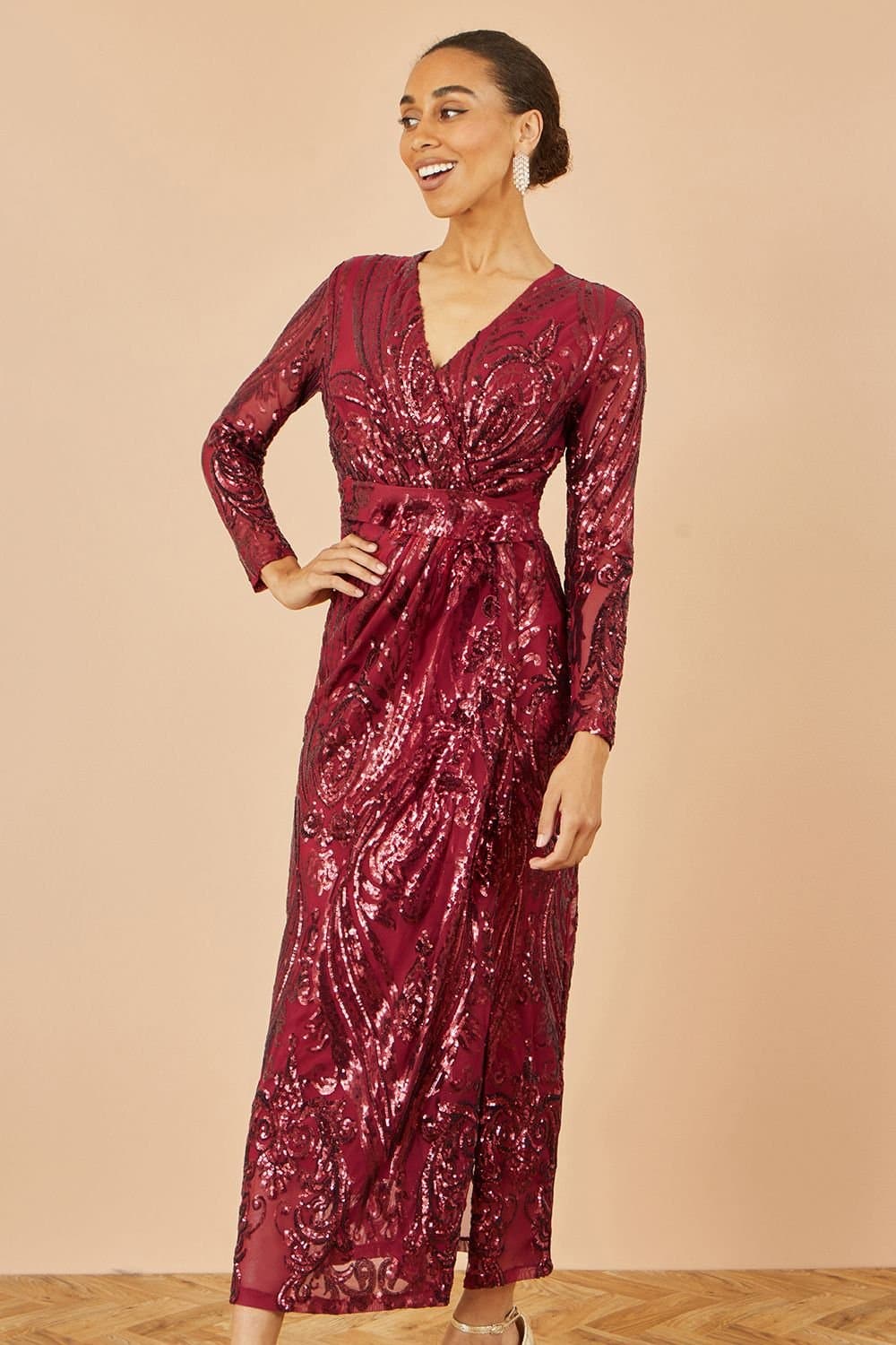 Yumi Yumi Burgundy Sequin Midi Wrap Dress With Split Hemline