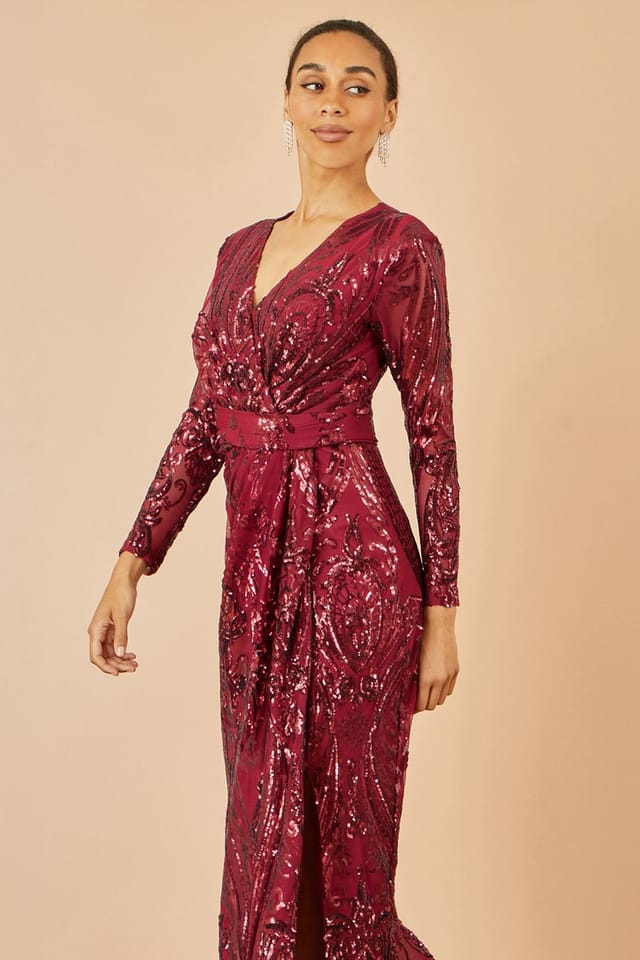 Yumi Yumi Women's Red Sequin Midi Wrap Dress With Split Hemline & Long Sleeves in Burgundy - 2