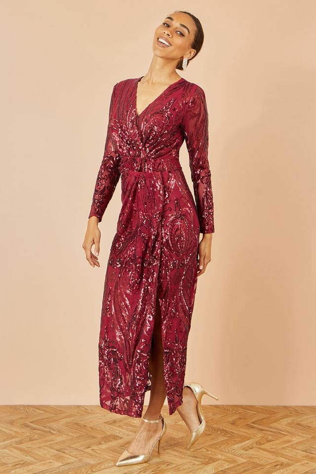 Yumi Yumi Women's Red Sequin Midi Wrap Dress With Split Hemline & Long Sleeves in Burgundy - 3
