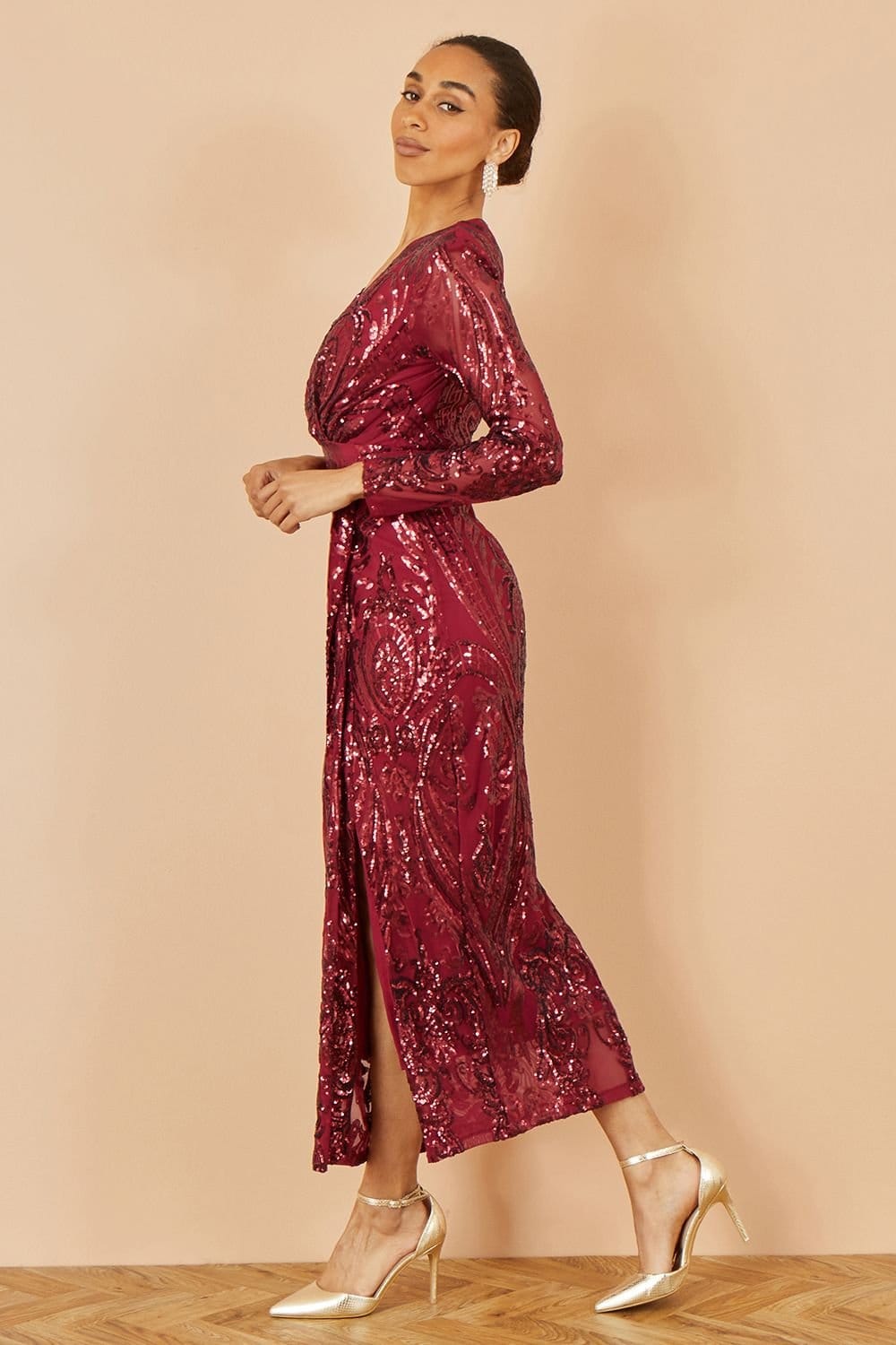 Yumi Yumi Women's Red Sequin Midi Wrap Dress With Split Hemline & Long Sleeves in Burgundy - 4
