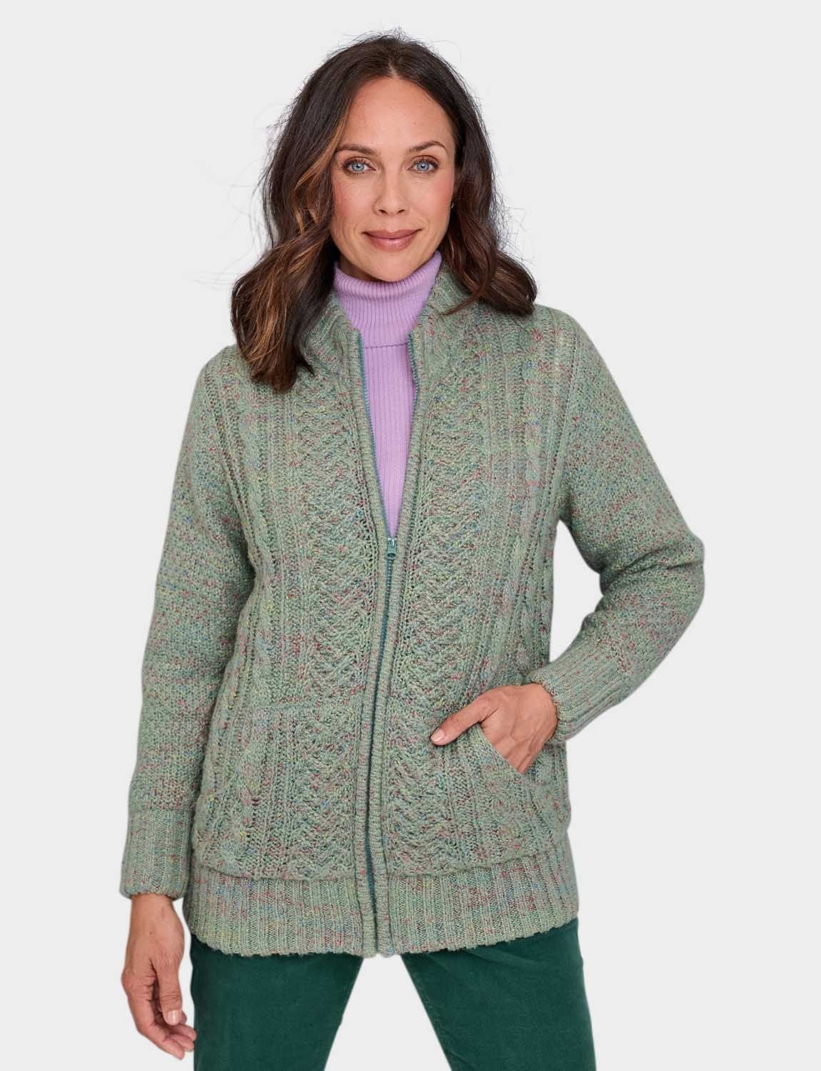 Amber Amber Women's Borg Fleece Lined Zip Cardigan in Green - 2