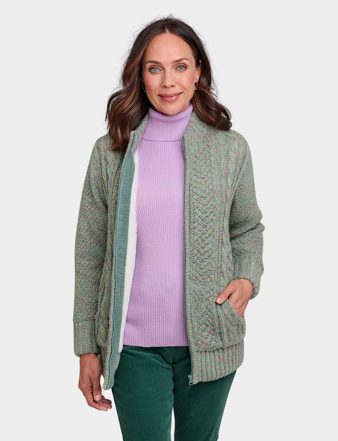 Amber Amber Women's Borg Fleece Lined Zip Cardigan in Green - 3