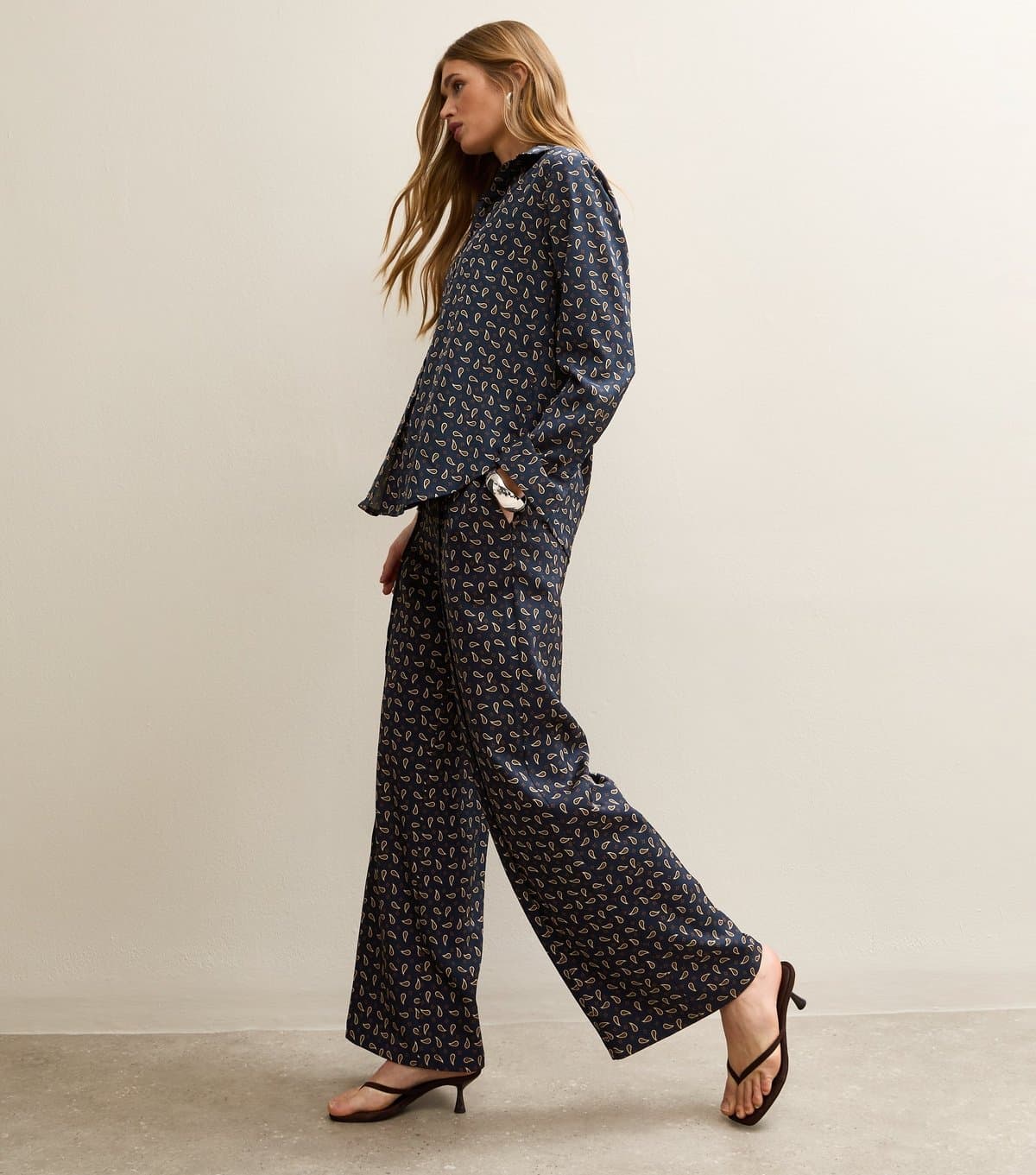 New Look Women's Blue Satin Paisley Wide Leg Trousers New Look