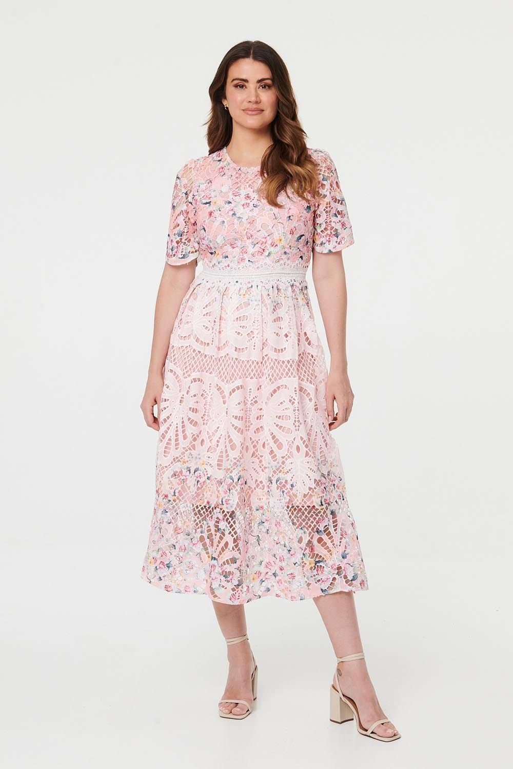 Izabel London Izabel London Women's Floral Mesh Layer 1/2 Sleeve Midi Dress