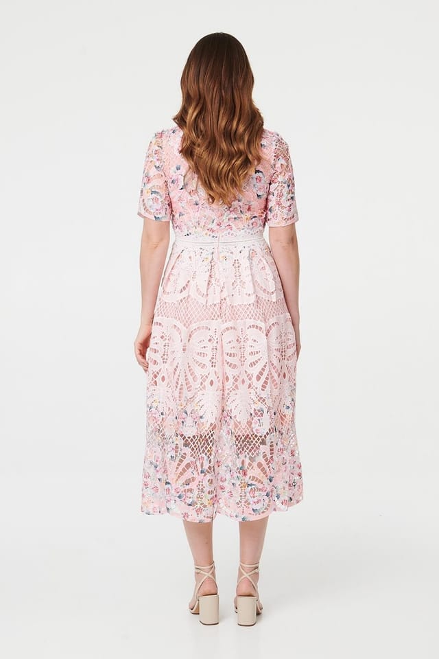 Izabel London Izabel London Women's Floral Mesh Layer 1/2 Sleeve Midi Dress - 3