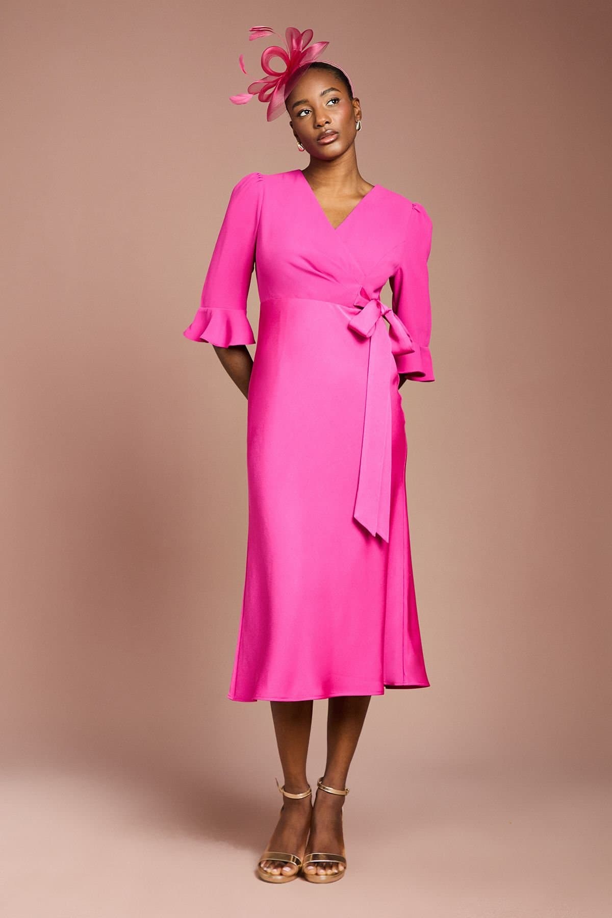 Coast Coast Women's Ruffle Sleeve Satin Back Crepe Wrap Dress in Hot Pink