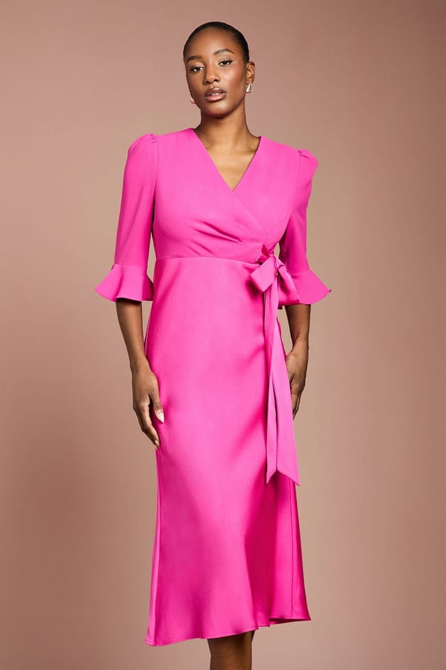 Coast Coast Women's Ruffle Sleeve Satin Back Crepe Wrap Dress in Hot Pink - 2