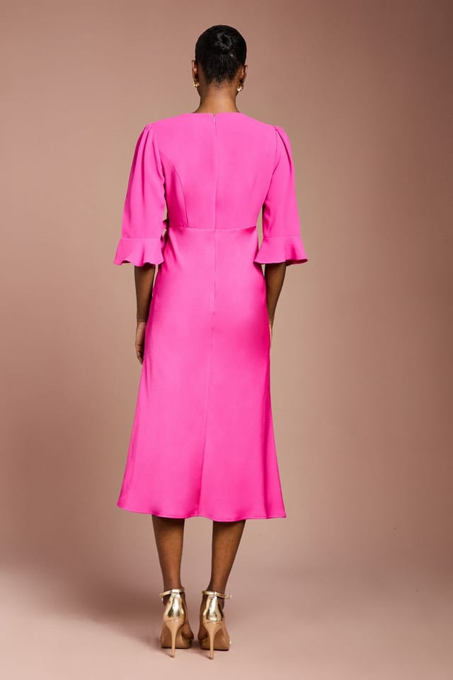 Coast Coast Women's Ruffle Sleeve Satin Back Crepe Wrap Dress in Hot Pink - 3