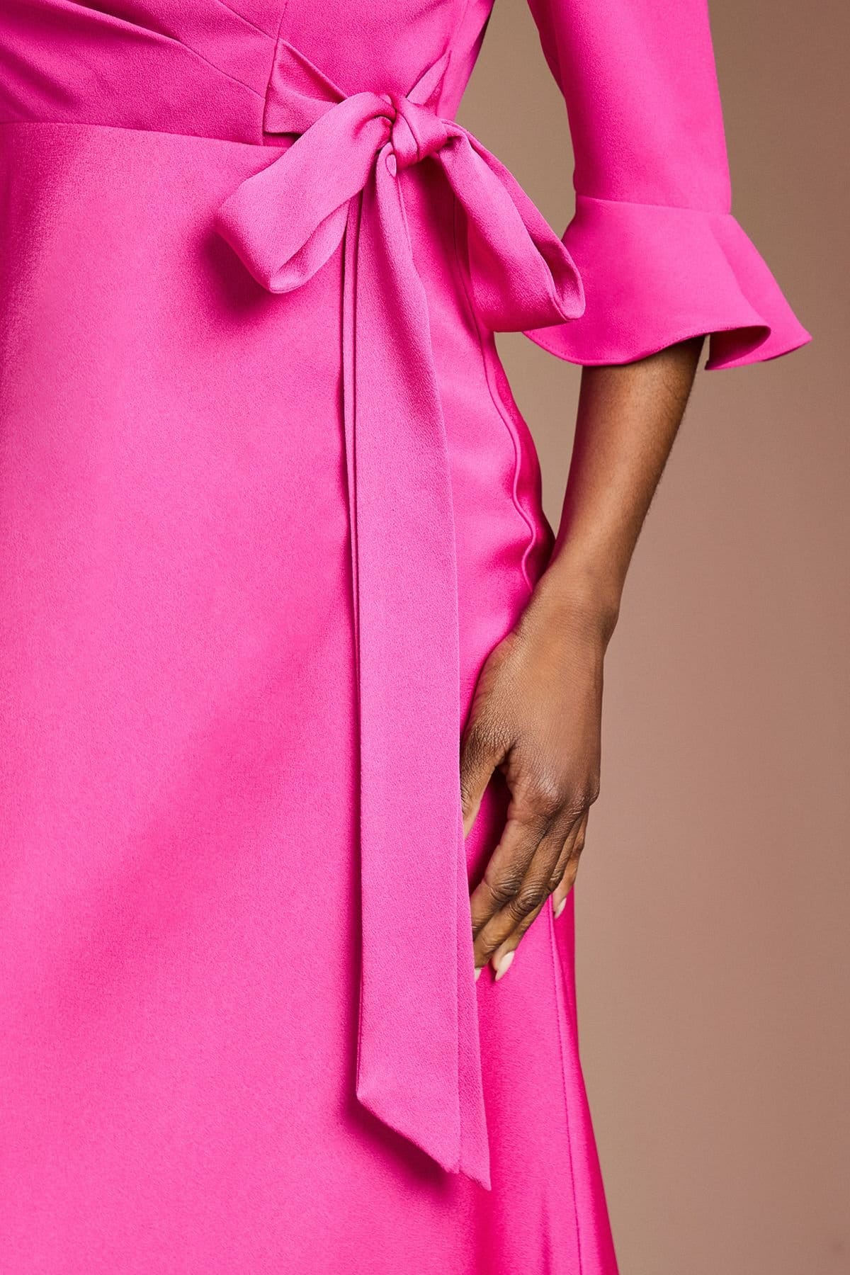 Coast Coast Women's Ruffle Sleeve Satin Back Crepe Wrap Dress in Hot Pink - 4
