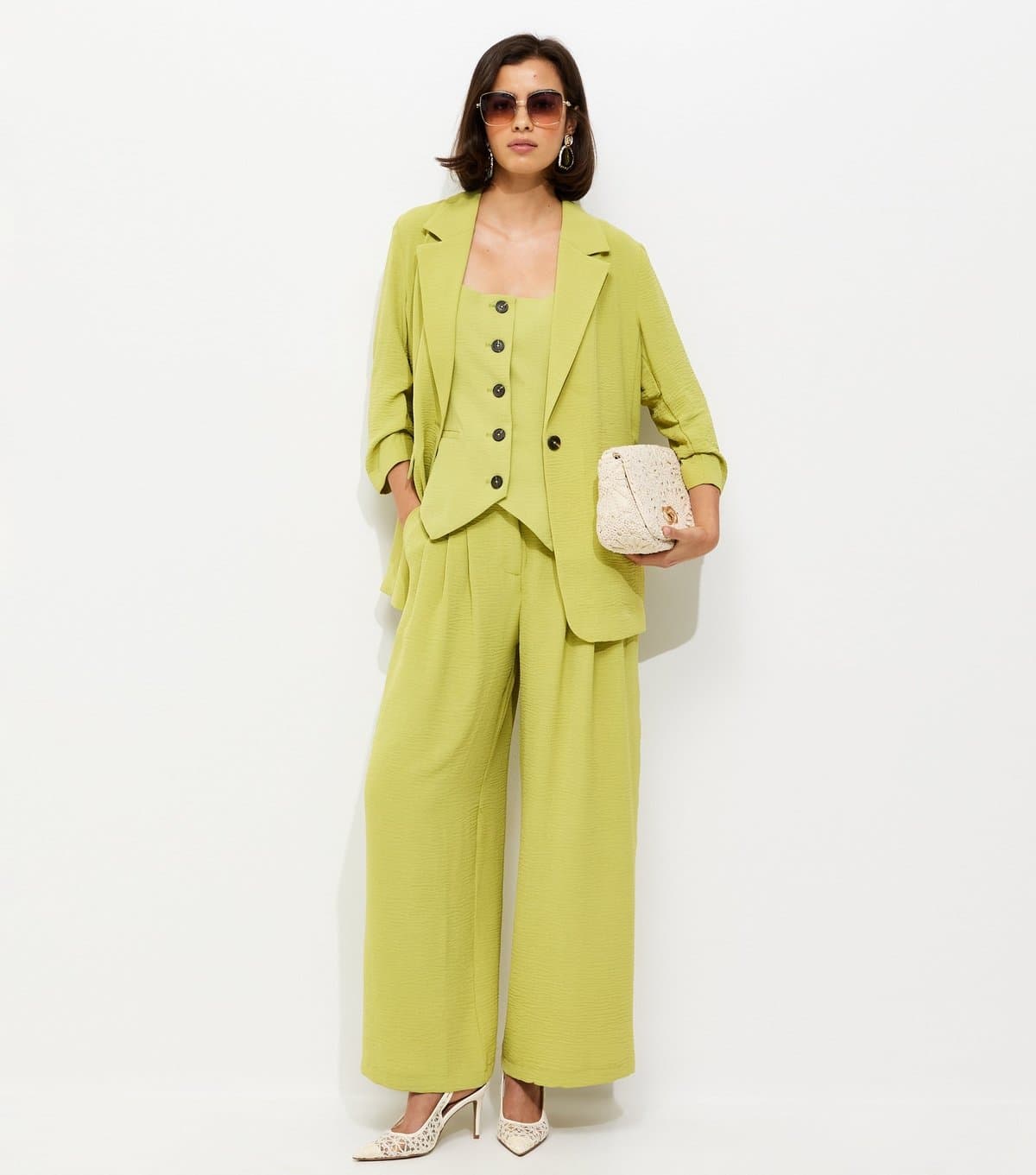 New Look Women's Bright Green Ruched Sleeve Blazer New Look
