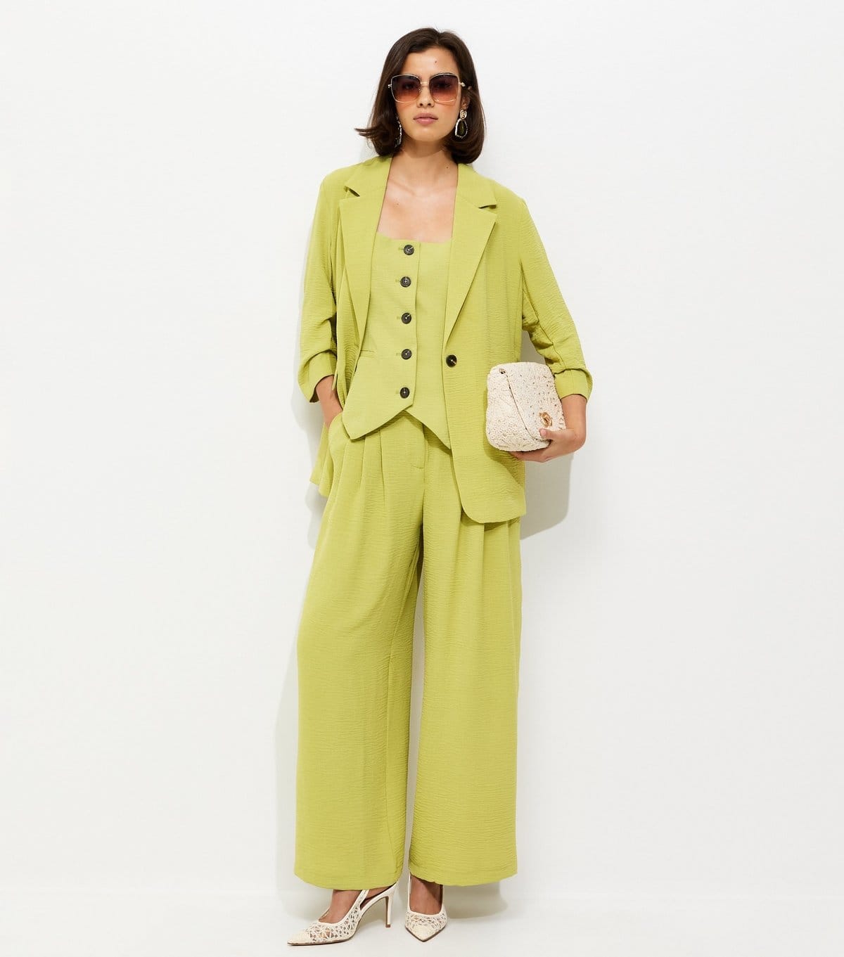 New Look Bright Green Ruched Sleeve Blazer