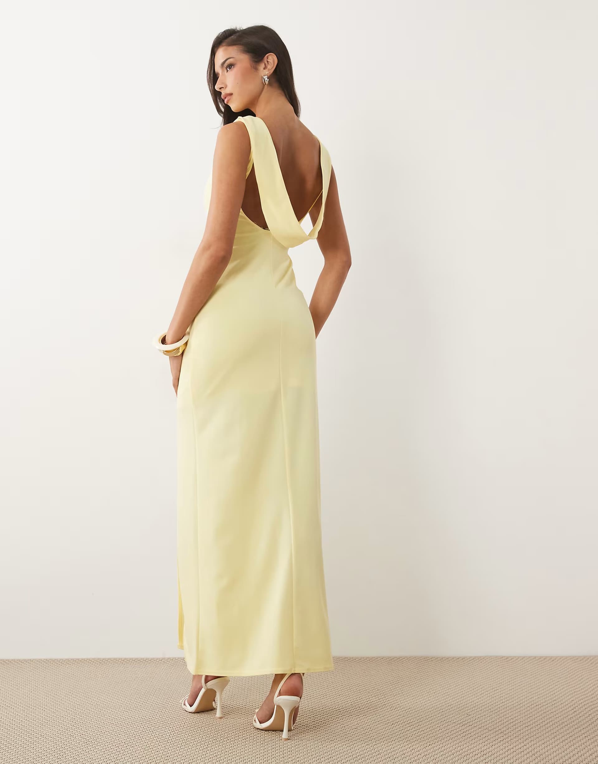 ASOS TFNC crepe slash neck backless maxi dress in lemon
