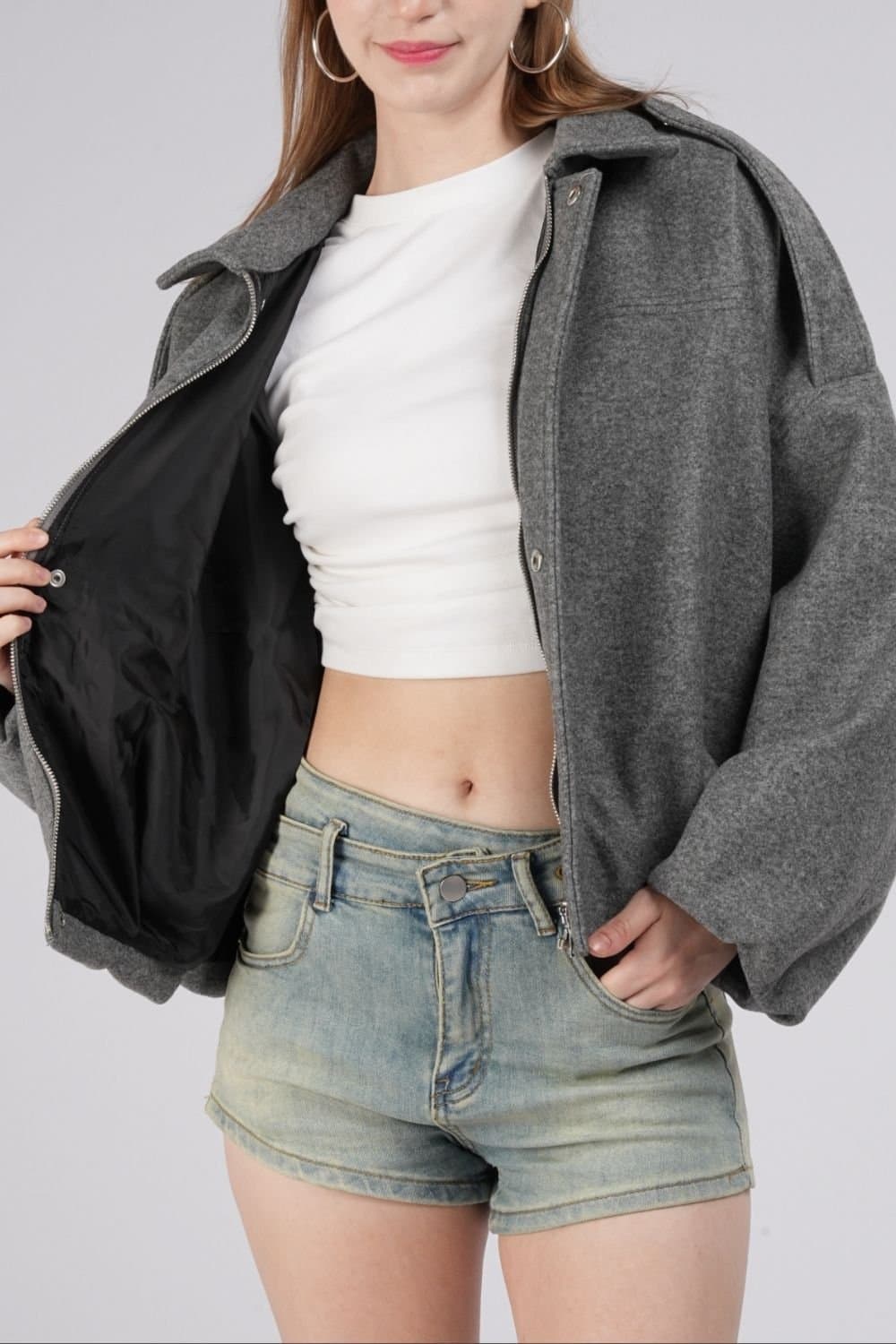 OUTTA BOX OUTTA BOX Women's Women's Casual Wool-Feel Aviator Jacket in Grey