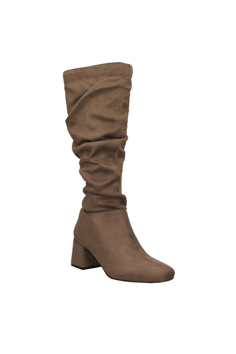 Down To Earth Down To Earth Women's Mid Block Heel High Leg Rouched Boot with Inside Zip in Taupe - 4