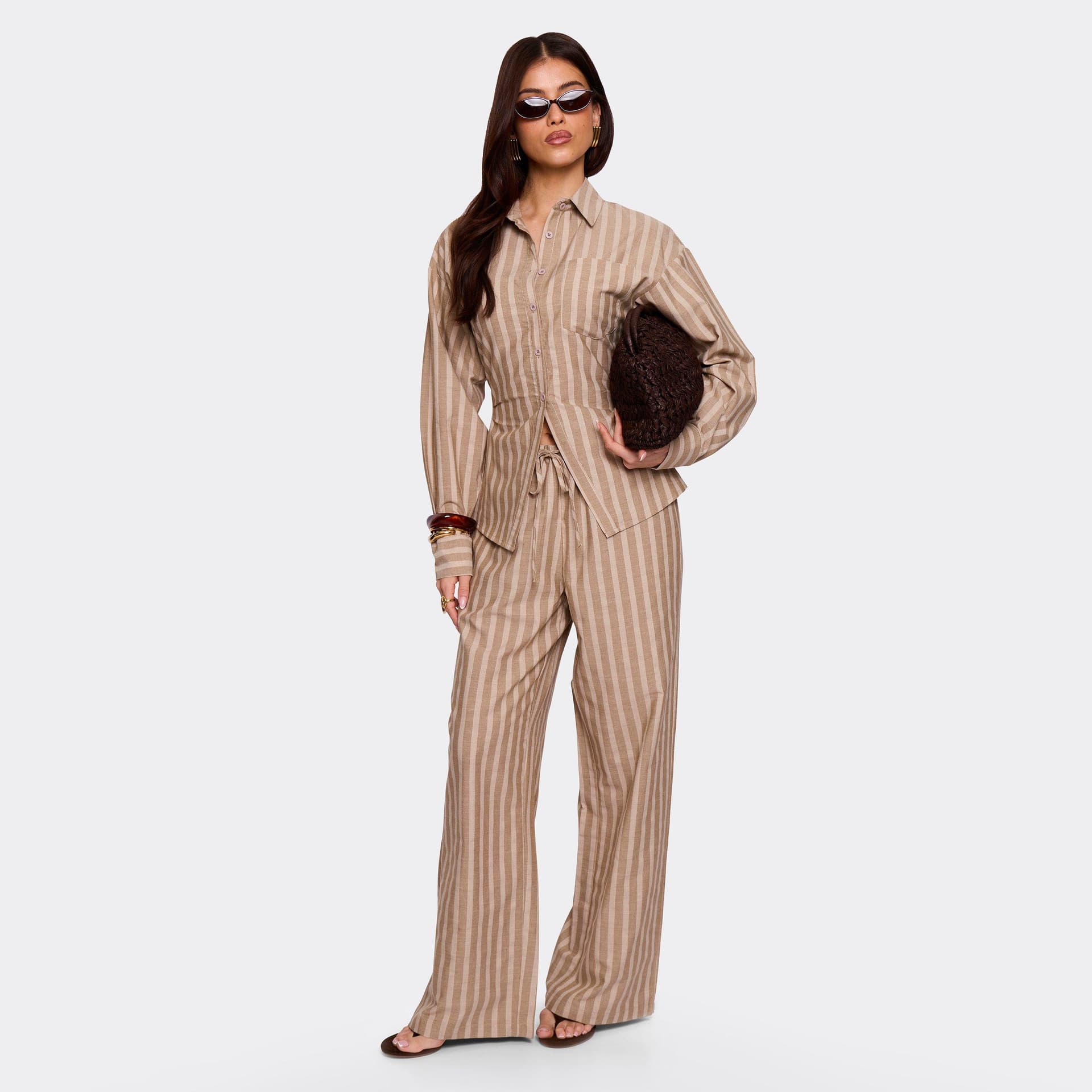 EGO EGO Brown Stripe Drawstring Waist Wide Leg Trousers