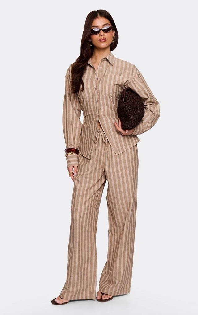 EGO Drawstring Waist Wide Leg Trousers In Brown Stripe, Women's Size UK L - 2
