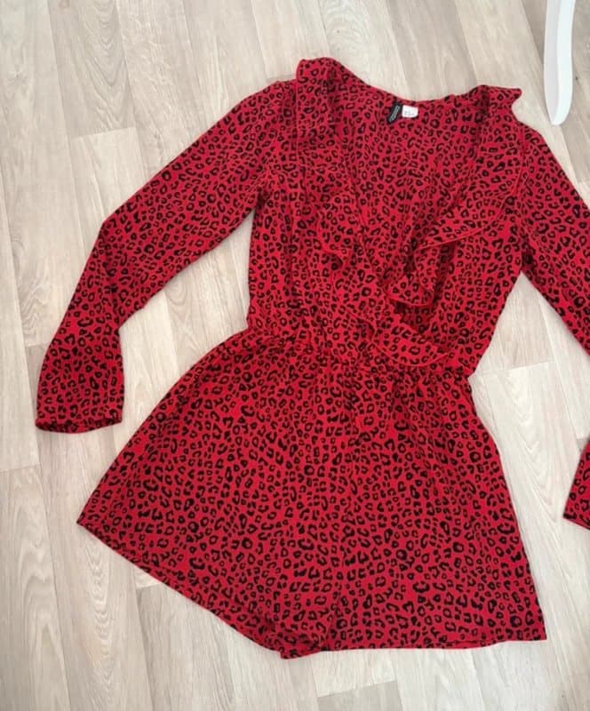 H&M H&M Divided Red Leopard Print Playsuit UK 8 Frill Wrap Front Long Sleeve