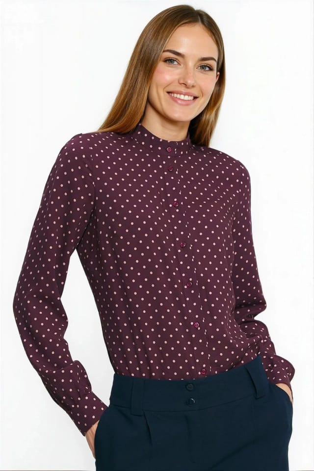 Love Lace Love Lace Women's Viscose Polka Dot Stand Collar Long Sleeve Shirt in Burgundy - 2