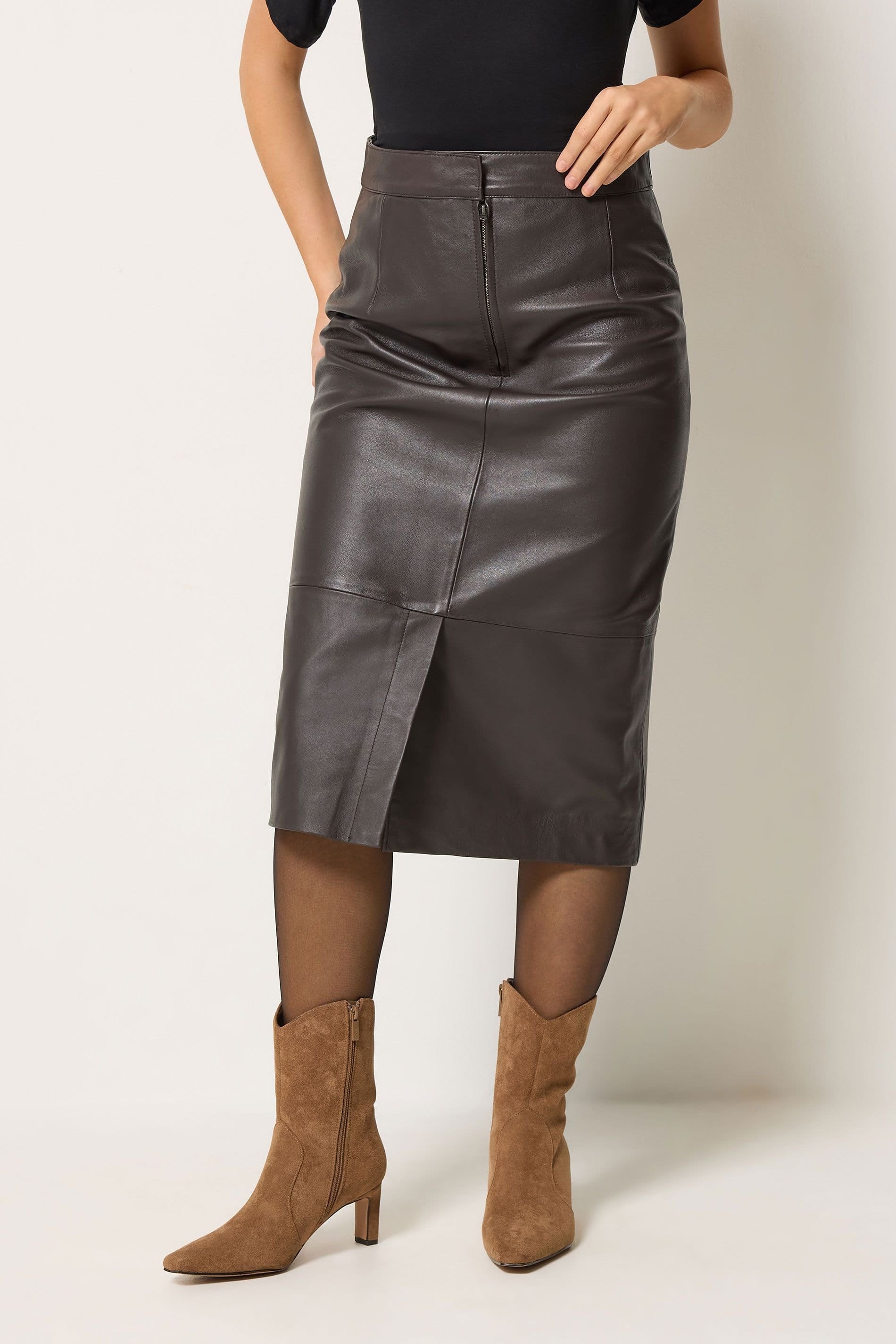 M&Co M&Co Women's Premium Leather Midi Skirt in Dark Brown - 4