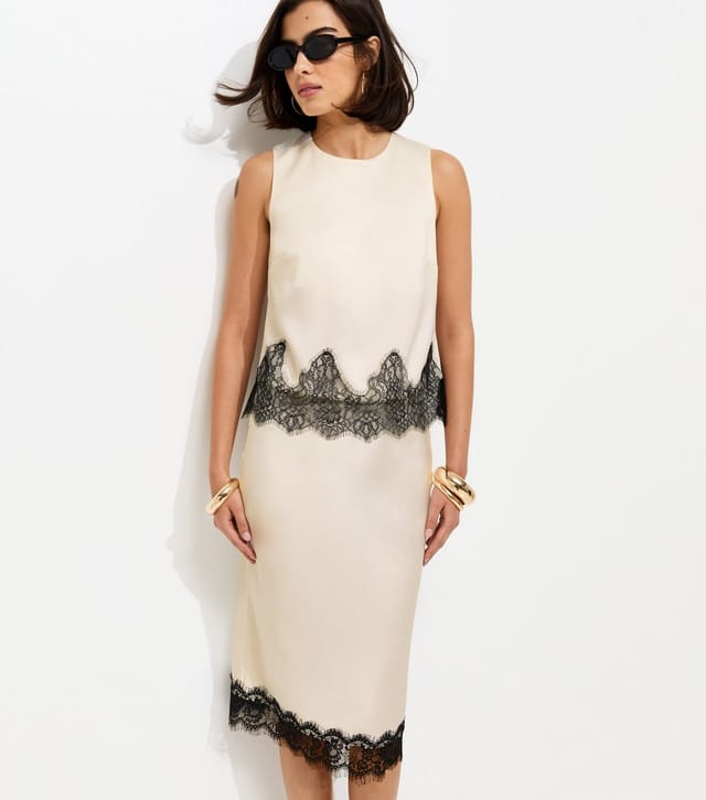 New Look Women's Cream Satin Lace Hem Midi Skirt New Look - 2