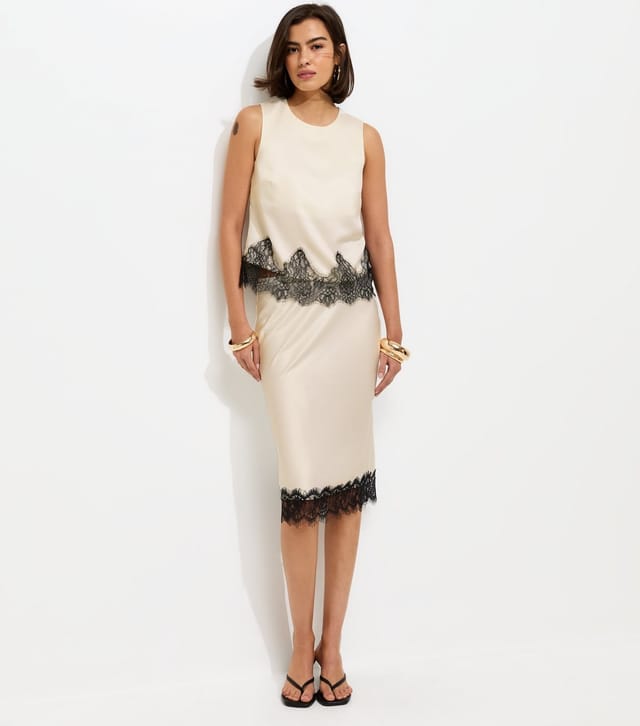 New Look Women's Cream Satin Lace Hem Midi Skirt New Look - 3