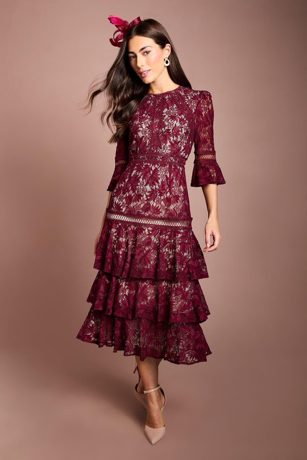 Coast Coast Women's Lace Tiered Skirt 3/4 Sleeve Midi Dress in Plum