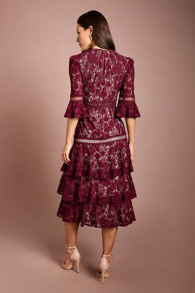 Coast Coast Women's Lace Tiered Skirt 3/4 Sleeve Midi Dress in Plum - 2