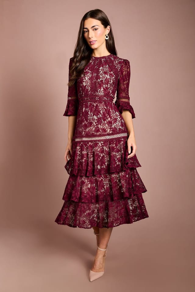 Coast Coast Women's Lace Tiered Skirt 3/4 Sleeve Midi Dress in Plum - 3