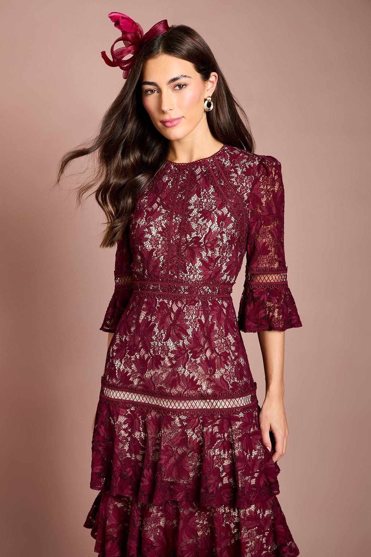 Coast Coast Women's Lace Tiered Skirt 3/4 Sleeve Midi Dress in Plum - 4