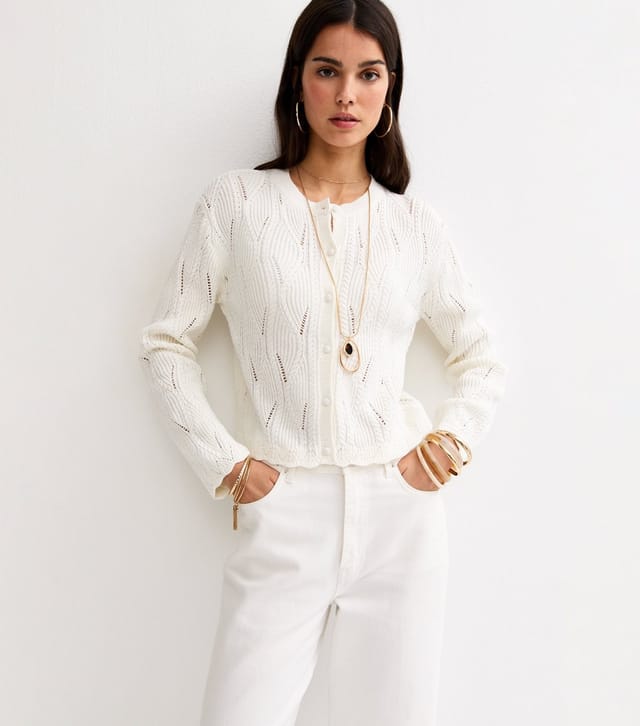 New Look Women's Cream Cotton Rich Ladder Stitch Scallop Trim Knitted Cardigan New Look - 3