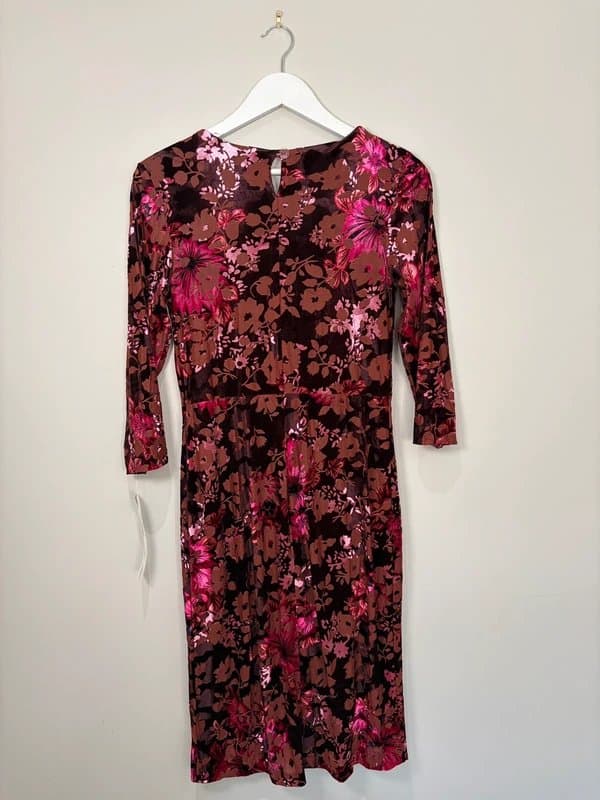 julianara Julianara Devore Velvet Floral Dress UK 12 Pink Brown Occasion Midi Stretch NWT