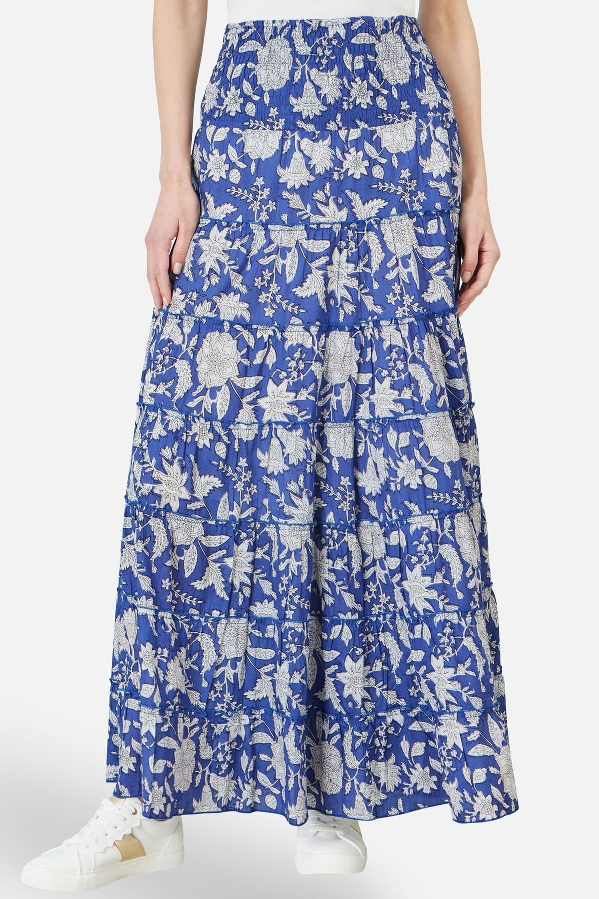 Yumi Yumi Women's Blue Floral Cotton Tiered Maxi Skirt in Cobalt