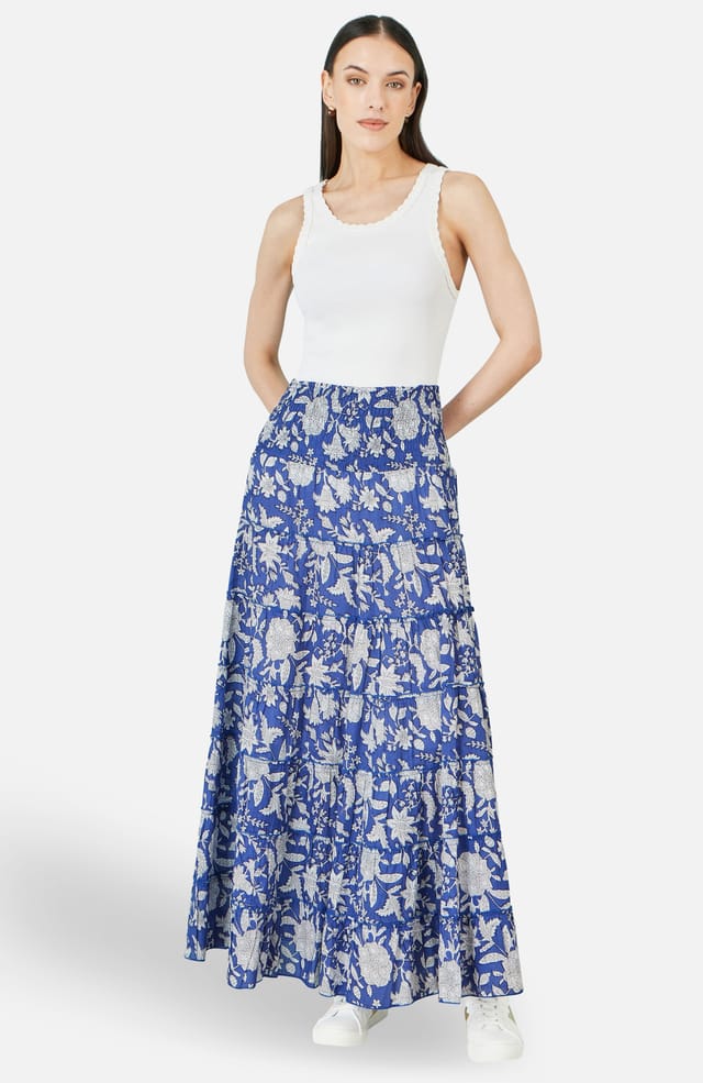 Yumi Yumi Women's Blue Floral Cotton Tiered Maxi Skirt in Cobalt - 2