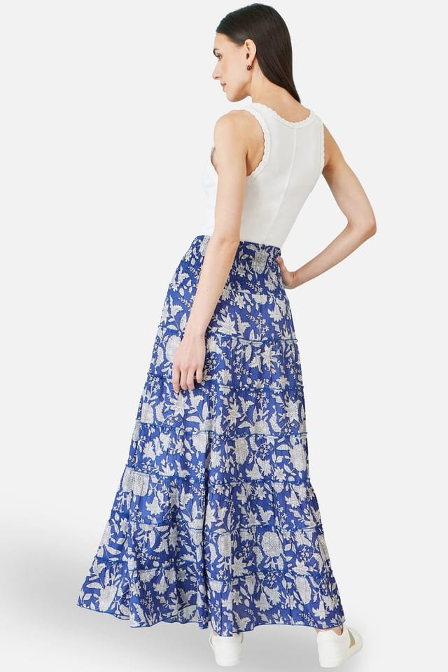 Yumi Yumi Women's Blue Floral Cotton Tiered Maxi Skirt in Cobalt - 3