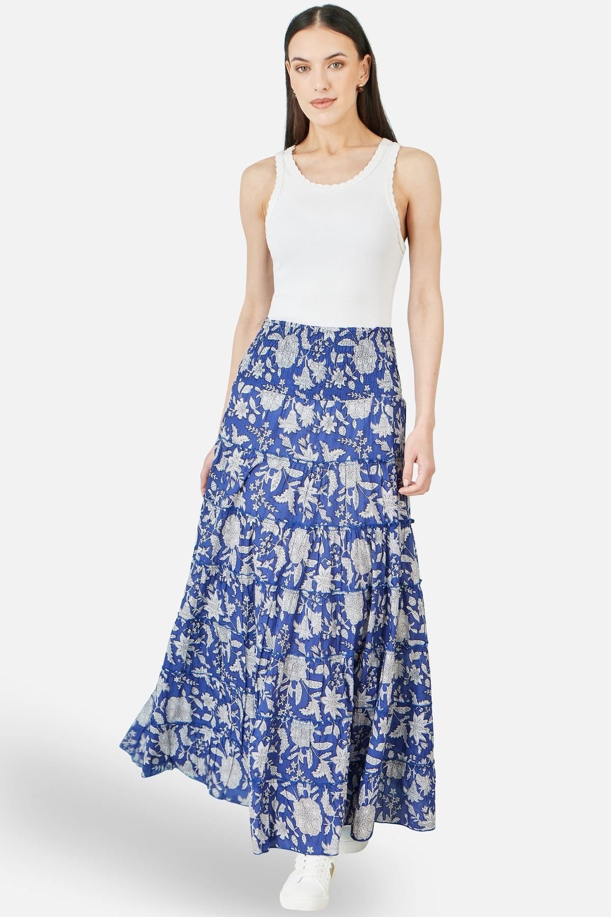 Yumi Yumi Women's Blue Floral Cotton Tiered Maxi Skirt in Cobalt - 4