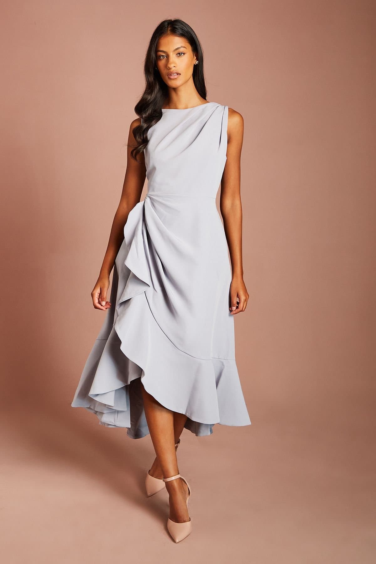 Coast Coast Women's Petite Crepe Ruffle Dress With Low Back in Dusty Blue