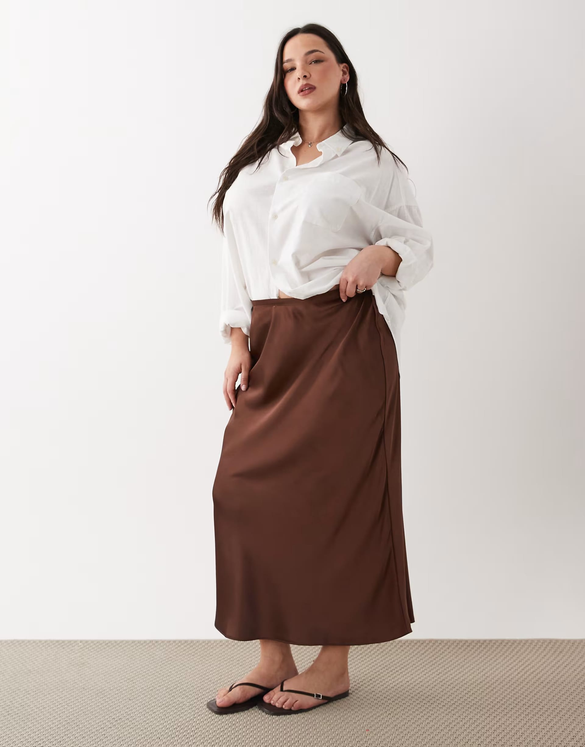 ASOS Curve Brown Satin Bias Midi Skirt