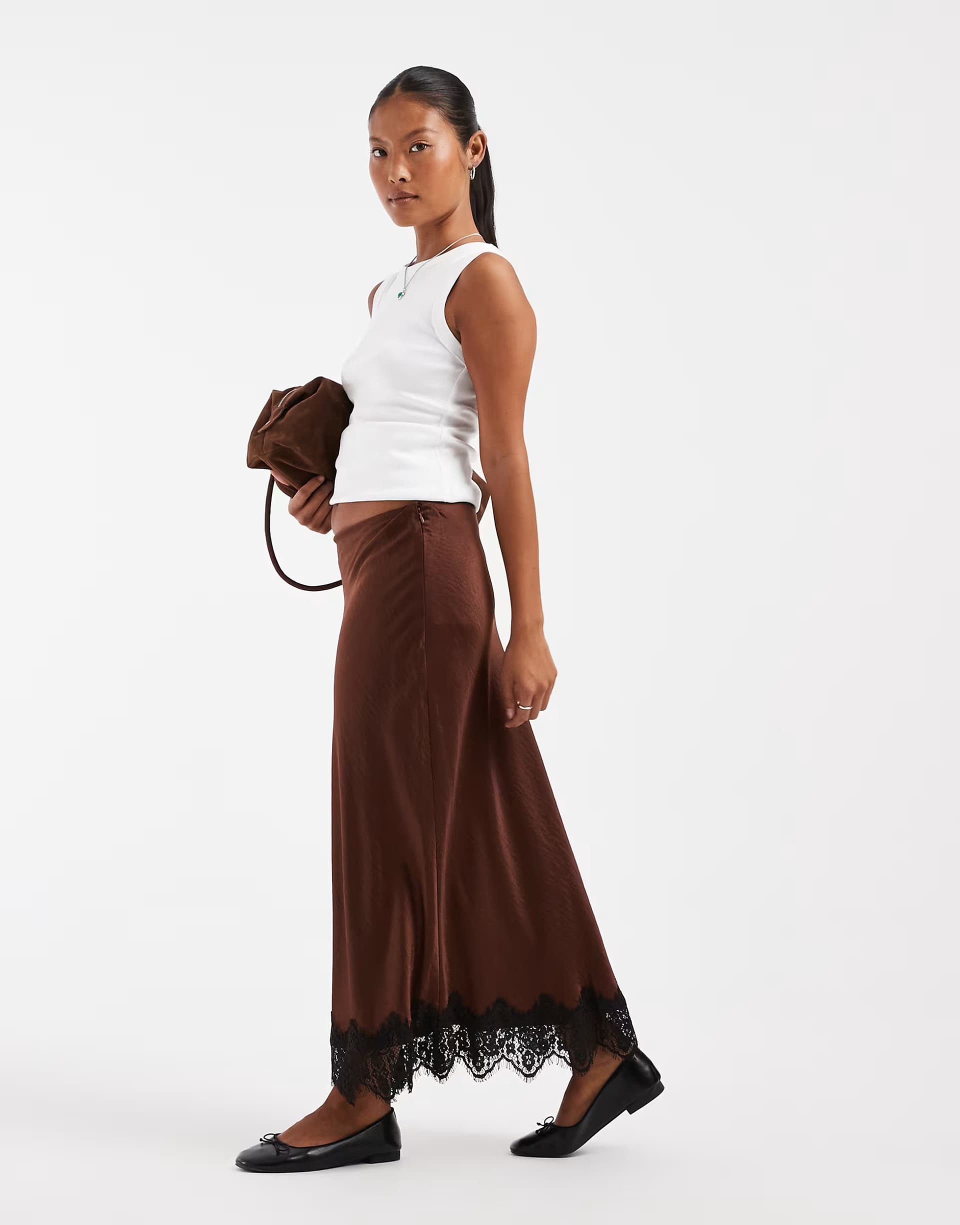 ASOS Vero Moda Petite satin midi skirt with lace detail hem in brown