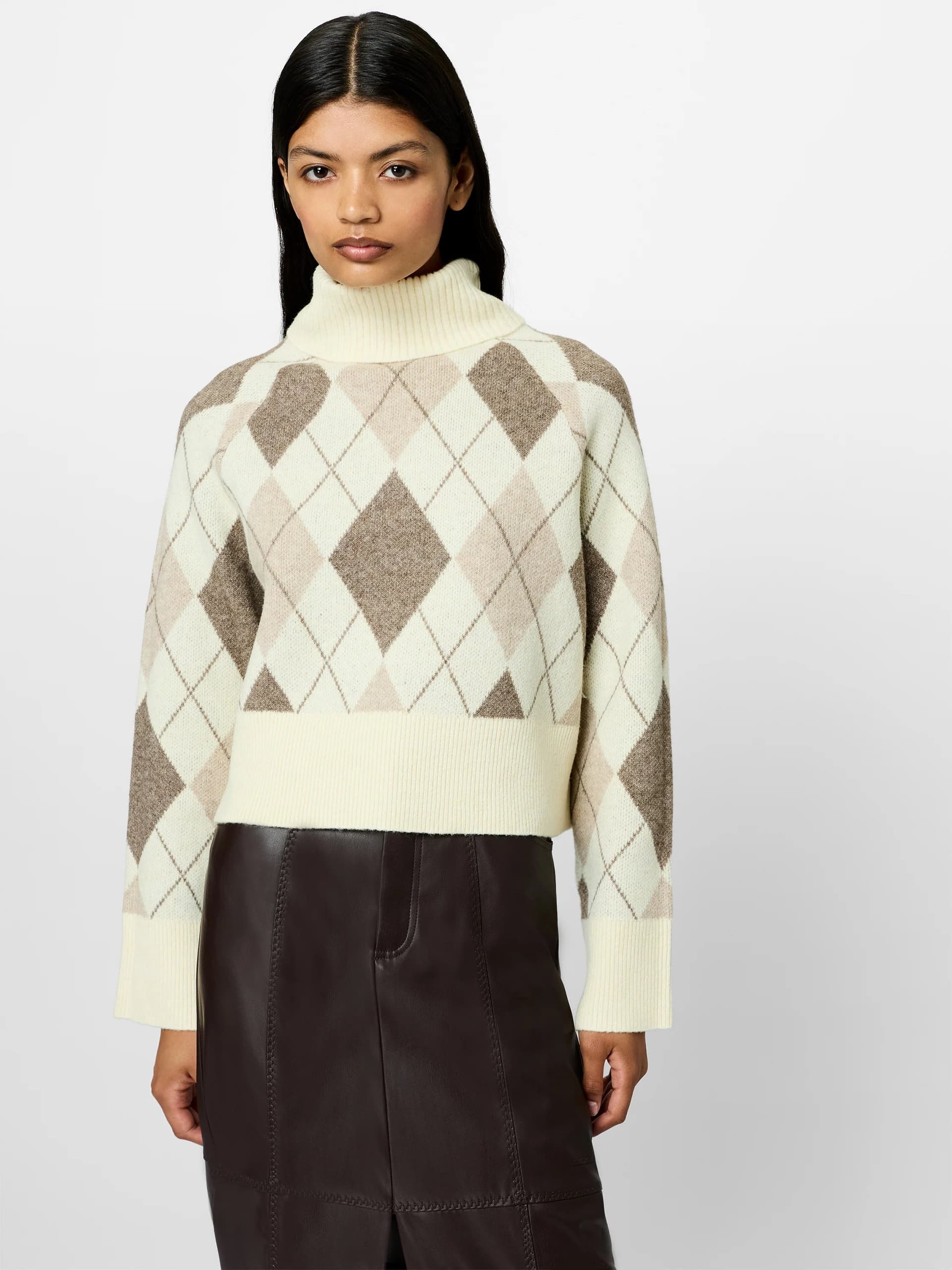 French Connection Neutral Argyle Jacquard Roll Neck Jumper Porcelain Cream Multi