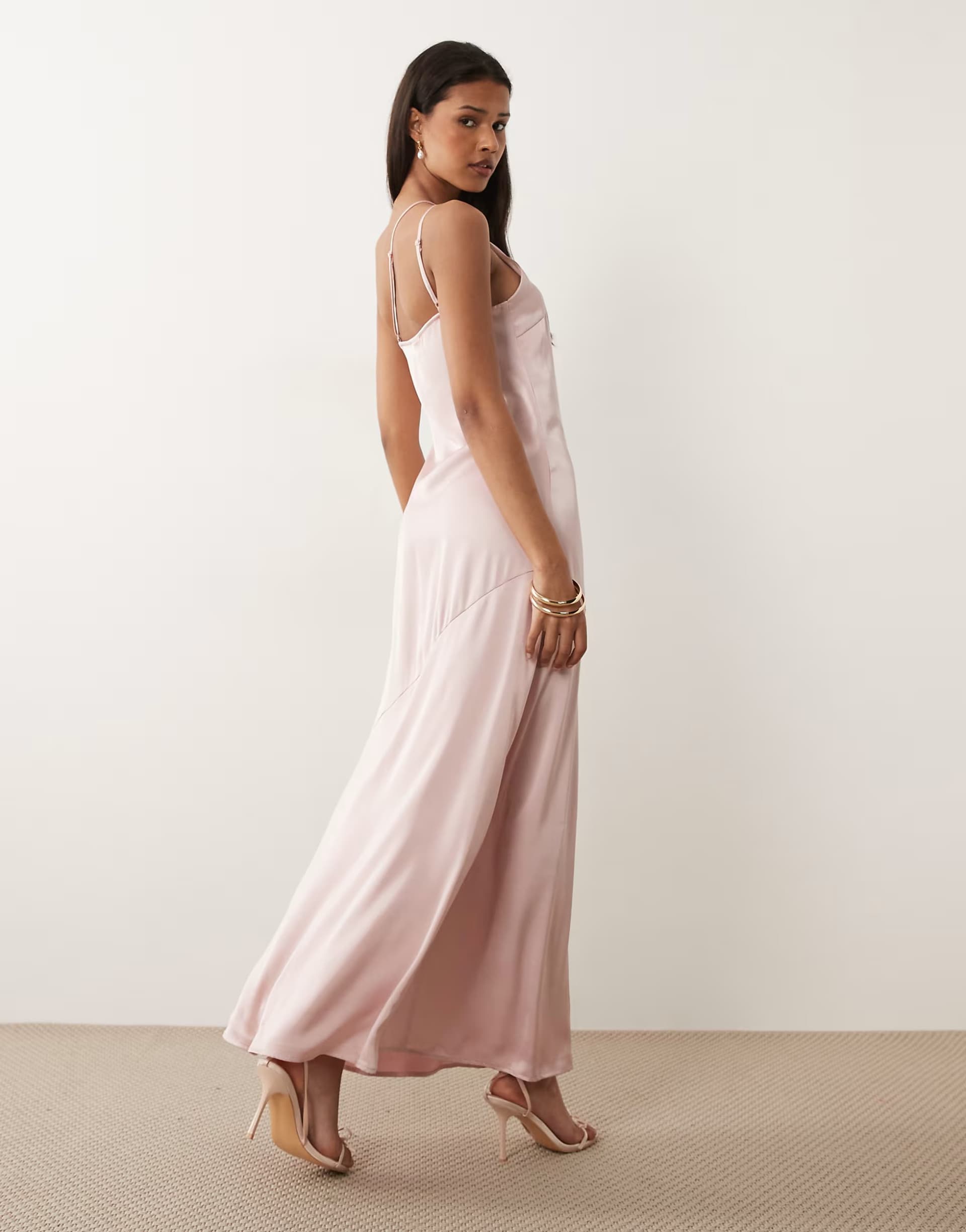 ASOS Vila one shoulder strap detail satin maxi dress in light pink