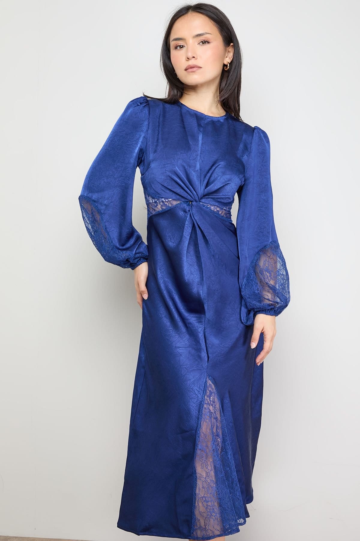 Oasis Oasis Women's Petite Lace Insert Satin Midi Dress in Blue - 4