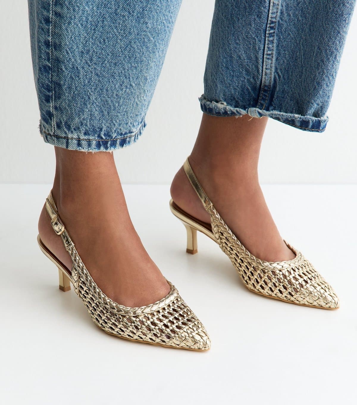 New Look Women's Gold Faux Leather Woven Slingback Pumps Vegan New Look