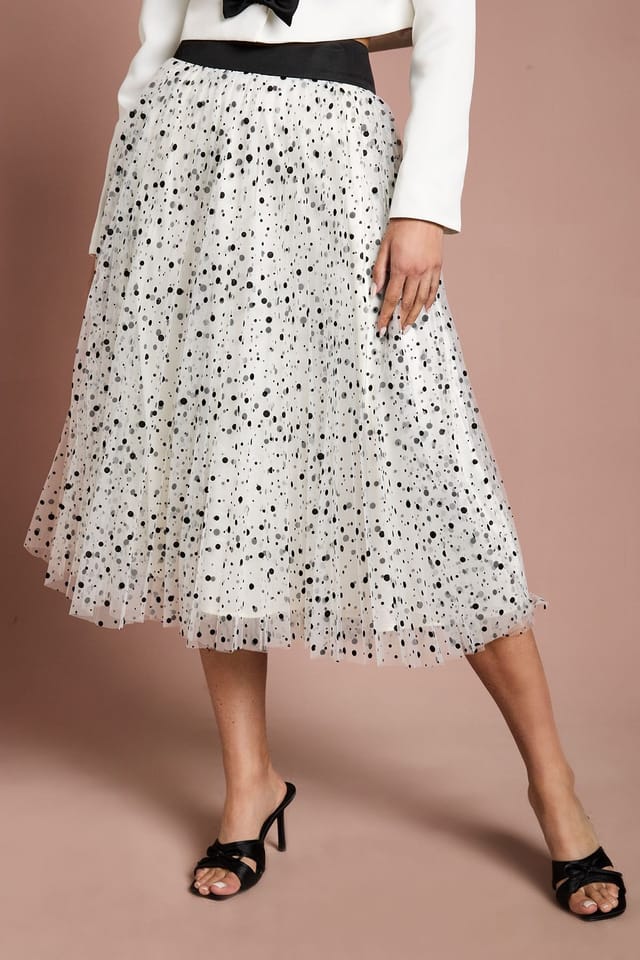 Coast Coast Women's Lisa Tan Pleated Polka Dot Mesh Midi Skirt in Mono - 2