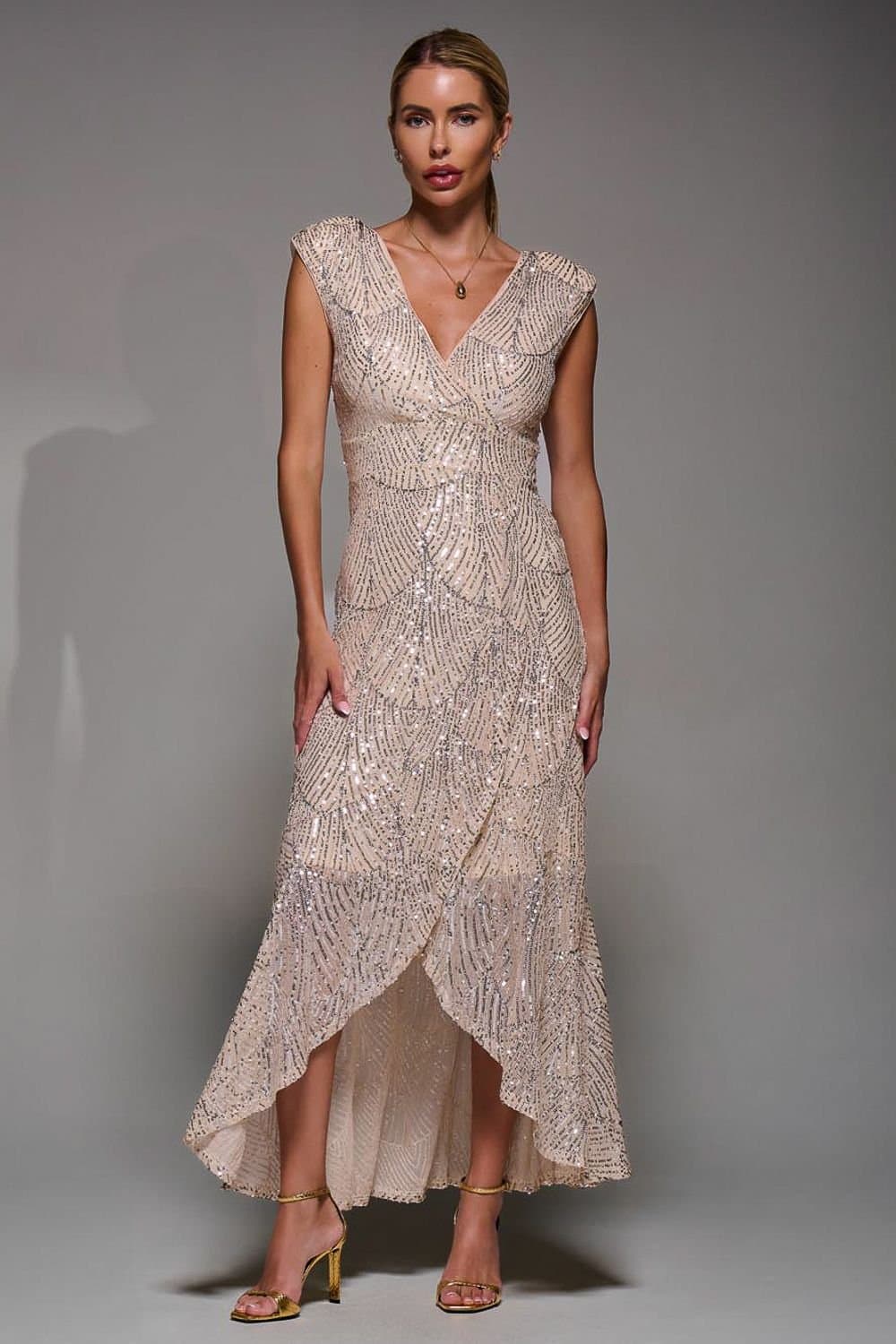 Jolie Moi Jolie Moi Women's Sequin Asymmetric Ruffle Hem Maxi Dress in Beige