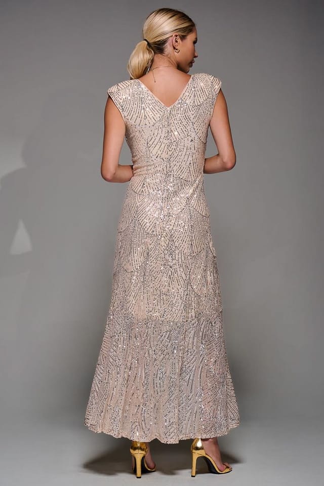 Jolie Moi Jolie Moi Women's Sequin Asymmetric Ruffle Hem Maxi Dress in Beige - 2