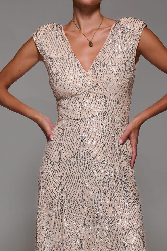 Jolie Moi Jolie Moi Women's Sequin Asymmetric Ruffle Hem Maxi Dress in Beige - 3