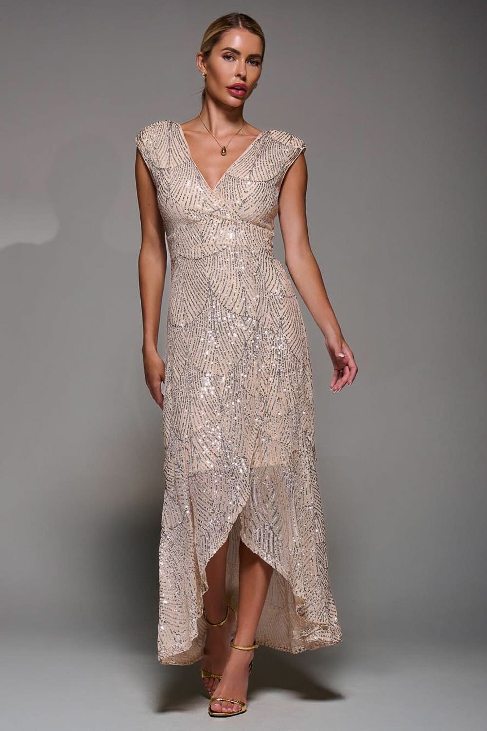 Jolie Moi Jolie Moi Women's Sequin Asymmetric Ruffle Hem Maxi Dress in Beige - 4