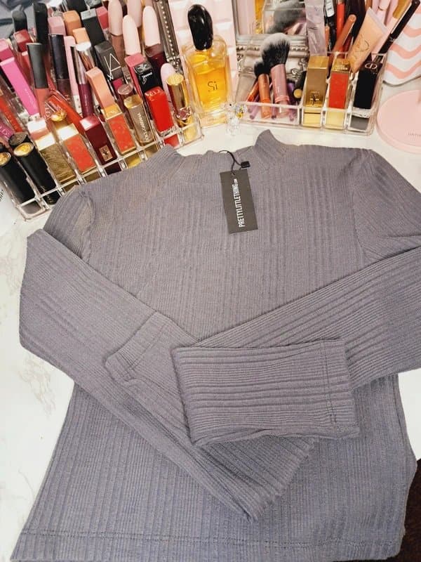 PrettyLittleThing PLT Charcoal grey, ribbed high neck detail crop top! New!