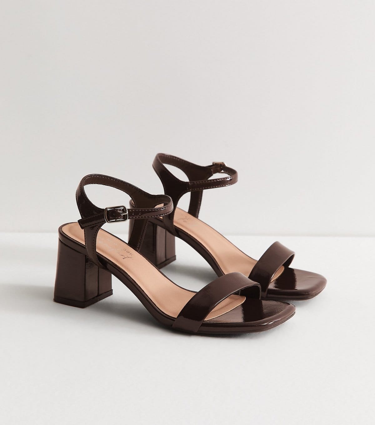 New Look Women's Wide Fit Dark Brown Patent Faux Leather Block Heel Sandals Vegan New Look - 4